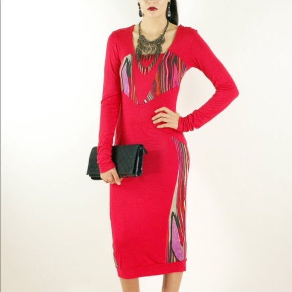 Red and Abstract Print Midi Dress-Size Small - Picture 1 of 5